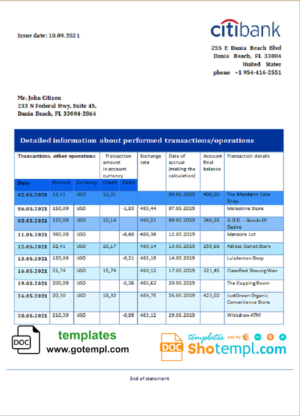 Hong Kong Citibank proof of address bank statement template in Word and PDF format