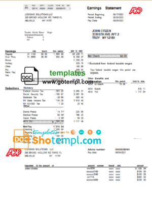 USA ADP business corporate earnings statement template in Word and PDF format