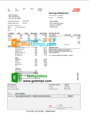 USA ADP Earnings statement template in .xls and .pdf file format