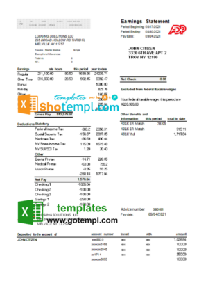 USA ADP business corporate earnings statement template in .xls and .pdf file format