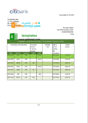 Italy Citibank bank statement easy to fill template in .xls and .pdf file format