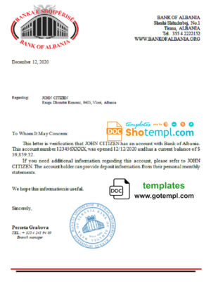 Albania Bank of Albania bank account balance reference letter template in Word and PDF format