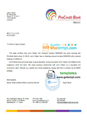 Albania ProCredit bank account balance reference letter template in Word and PDF format