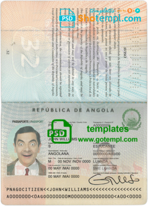 Angola passport template in PSD format, fully editable, with all fonts