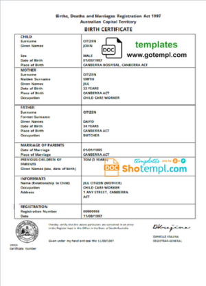 Australia Australian Capital Territory birth certificate template in Word format, version 1