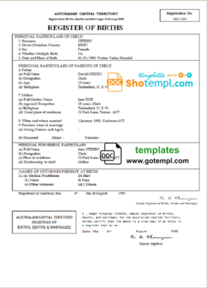 Australia Australian Capital Territory birth certificate template in Word format, version 2