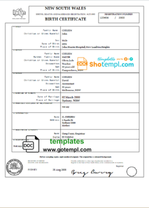 Australia New South Wales birth certificate template in Word format, version 2