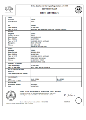 Australia South Australia birth certificate template in Word format, version 1