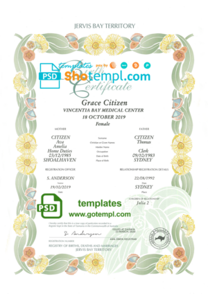 Australia Jervis Bay Territory decorative birth certificate template in PSD format, fully editable