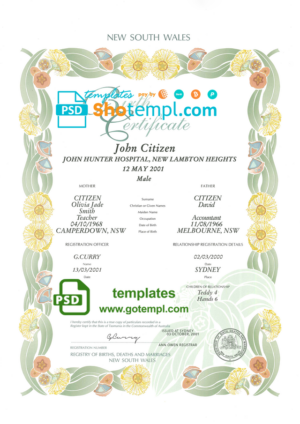 Australia New South Wales decorative (commemorative) birth certificate template in PSD format, fully editable