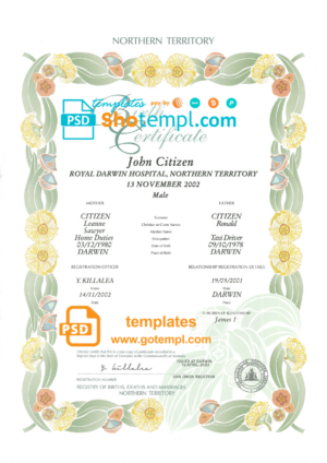 Australia Northern Territory decorative (commemorative) birth certificate template in PSD format, fully editable