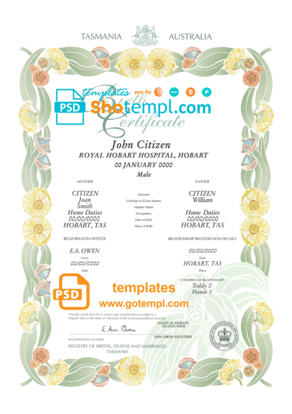 Australia Tasmania decorative (commemorative) birth certificate template in PSD format, fully editable