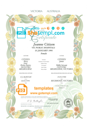 Australia Victoria state decorative (commemorative) birth certificate template in PSD format, fully editable