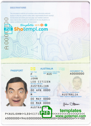 Australian standard passport template in PSD format, fully editable, with all fonts