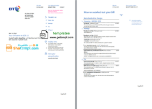 United Kingdom BT utility bill template in Word and PDF format, 2 pages