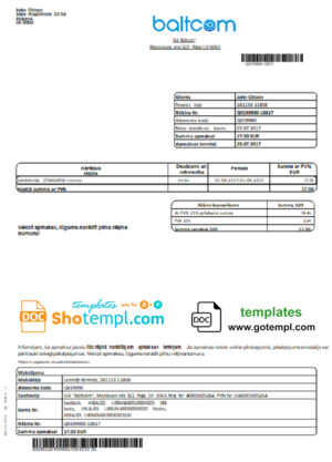United Kingdom BT telecommunications utility bill template in Word and PDF format, version 1