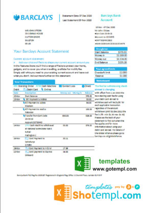 United Kingdom Barclays bank account statement template in Excel and PDF format, version 1