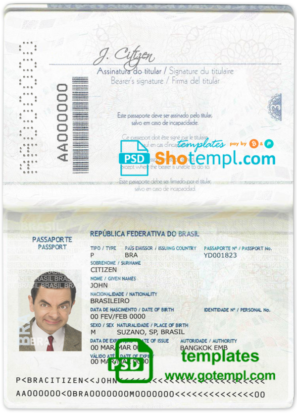 Brazil passport template in PSD format, 2016-2019