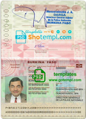 Burkina Faso passport template in PSD format, fully editable (2018 – present)