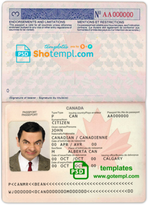 Canada passport template in PSD format, fully editable, with all fonts (2002-2010)
