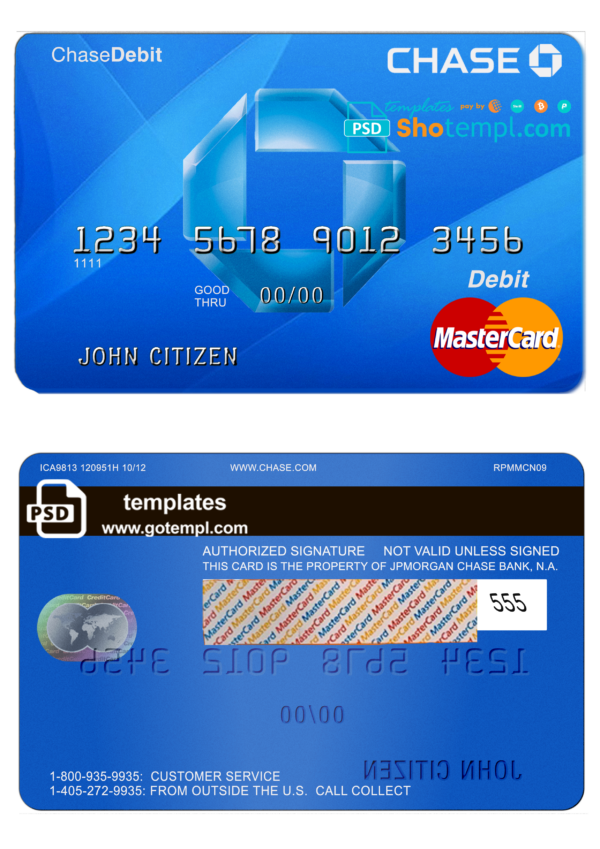 USA Chase bank MasterCard Debit card template in PSD format, fully editable