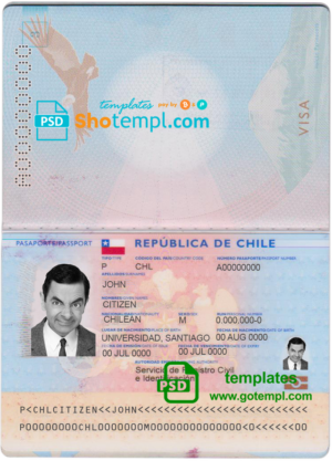 Chile passport template in PSD format, fully editable, with all fonts