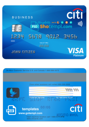 USA Citibank Visa Platinum card template in PSD format, fully editable
