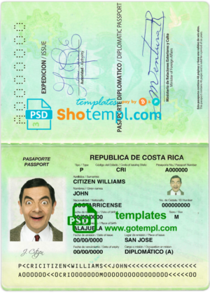 Costa Rica diplomatic passport template in PSD format