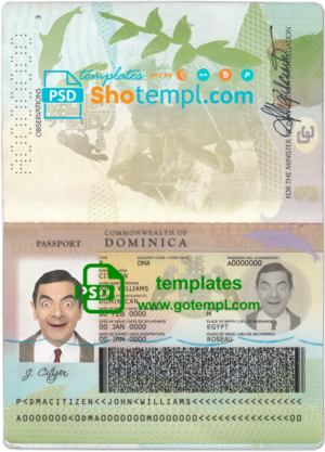 Dominica passport template in PSD format at the best price, with fonts