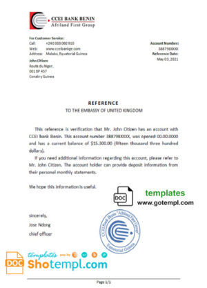 Equatorial Guinea CCEI Bank Benin bank account balance reference letter template in Word and PDF format