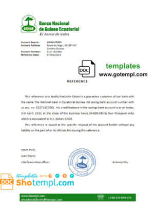 Equatorial Guinea The National Bank bank account balance reference letter template in Word and PDF format