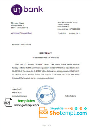 Estonia Inbank bank account balance reference letter template in Word and PDF format