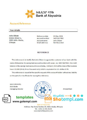 Ethiopia Bank of Abyssinia bank account balance reference letter, Word and PDF format (.doc and .pdf)