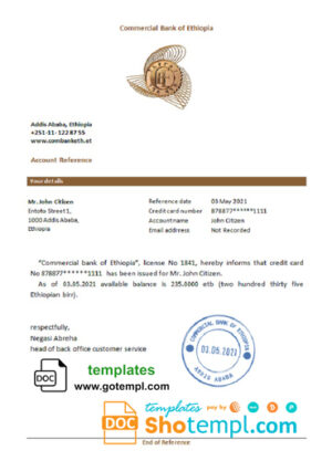 Ethiopia Commercial Bank bank account balance reference letter, Word and PDF format (.doc and .pdf)