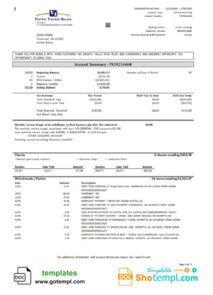 USA Fifth Third Bank statement in Word and PDF (.doc and .pdf) format, good for address prove