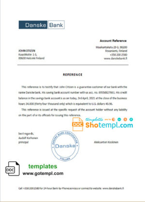 Finland Danske bank account balance reference letter template in Word and PDF format