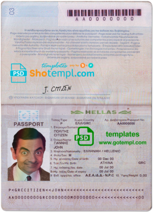 Greece passport template in PSD format, fully editable