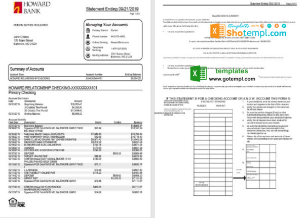 USA Maryland Howard Personal bank statement template, Excel and PDF format (.xls and .pdf) (4 pages)