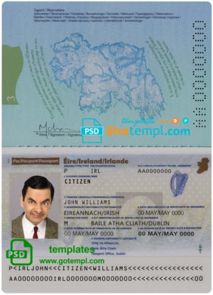 Ireland passport template in PSD format, fully editable, with all fonts