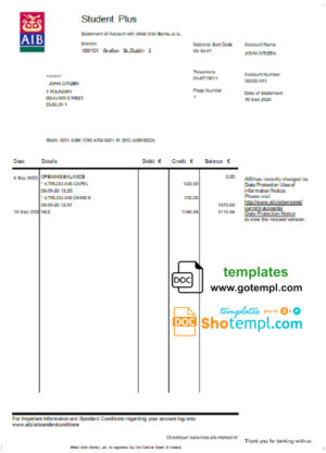 Ireland AIB bank statement  template in Word and PDF format