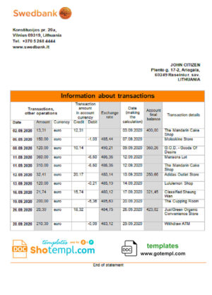 Lithuania Swedbank statement template in Word and PDF format