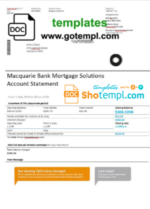 Australia Rural bank proof of address statement template in Word and PDF format