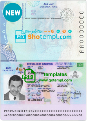 Maldives passport template in PSD format, fully editable, with all fonts