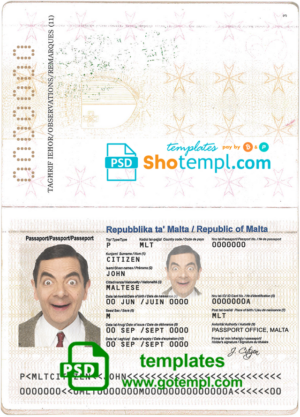 Malta passport template in PSD format, fully editable