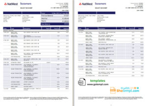 United Kingdom Natwest bank statement template in Word and PDF format (2 pages)