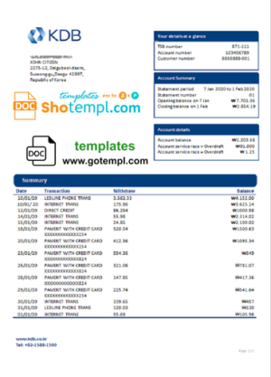 South Korea KDB bank proof of address statement template in Word and PDF format