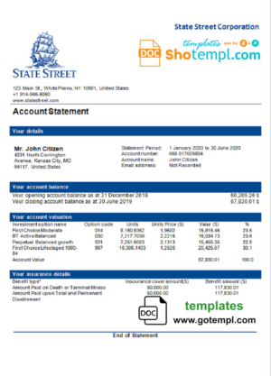 USA State Street Corporation bank statement template in Word and PDF format