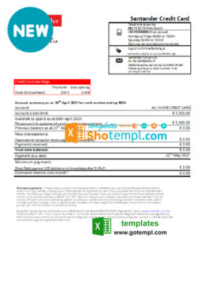 Spain Santander credit card proof of address bank statement in Excel and PDF format