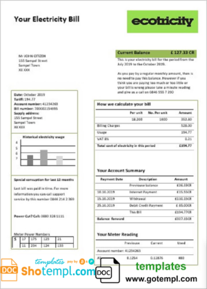 United Kingdom Ecotricity electricity utility bill template in Word and PDF format (.doc and .pdf)