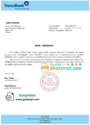 Vietnam Vietinbank bank account balance reference letter template in Word and PDF format